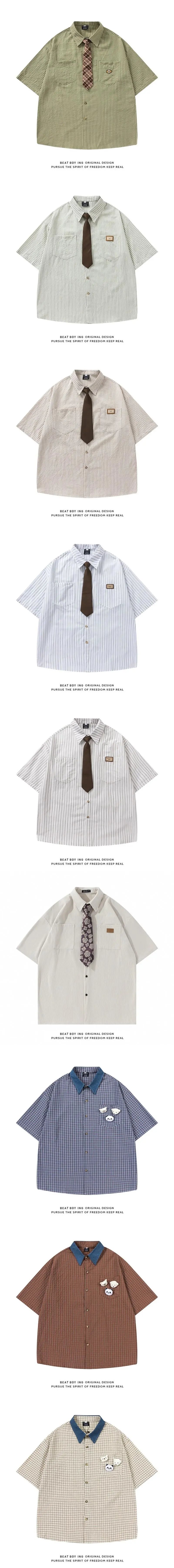 Design RESUAPRE Short-Sleeve Utility Shirt in Light Gray with Black Tie Tops Shirt - 6
