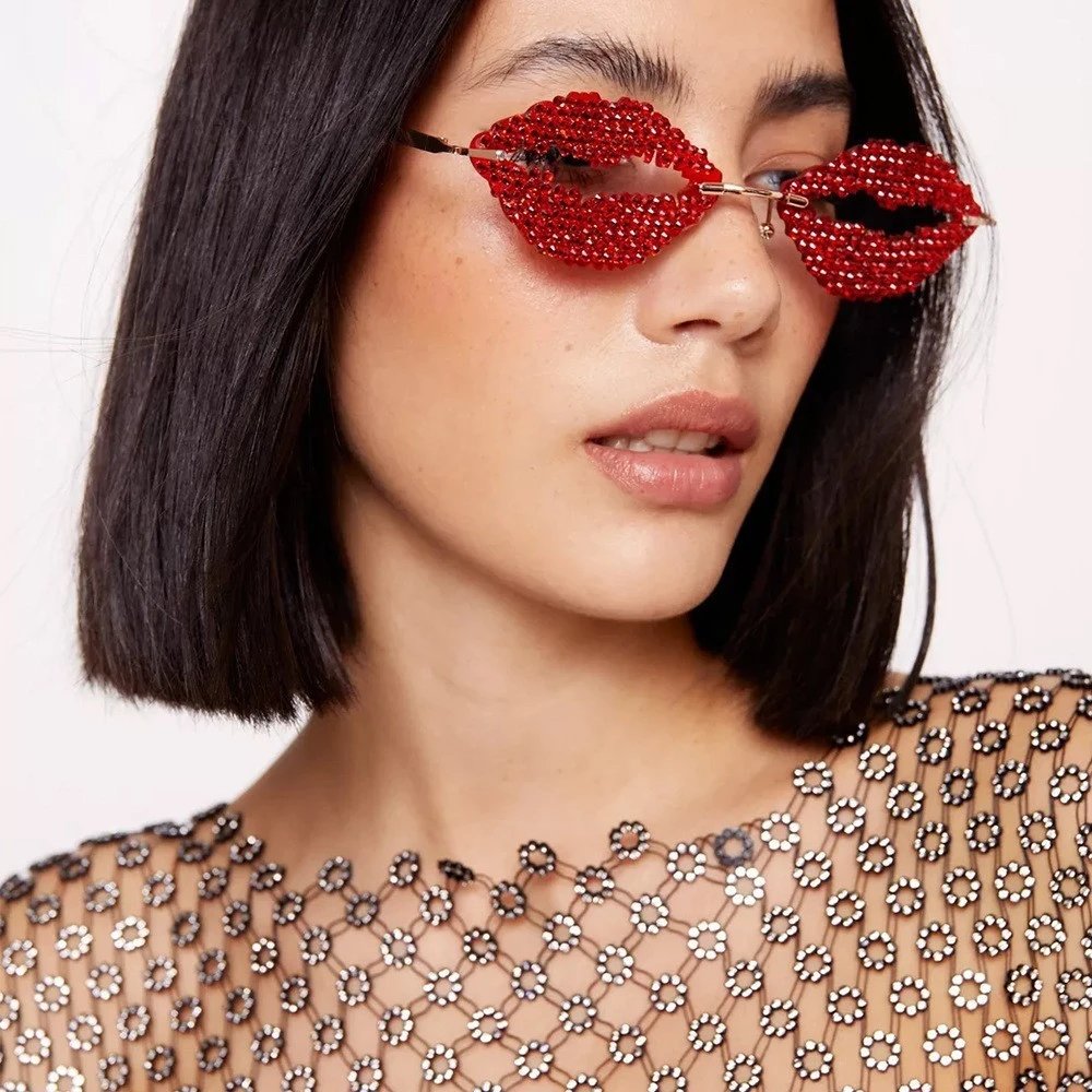 Style 8 Red Rhinestone Lips Glasses Frame - Silver