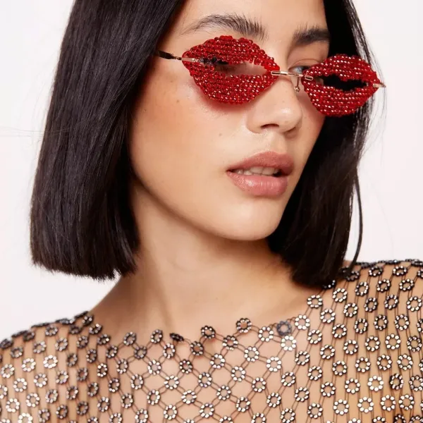 Design Lip-Shaped Beaded Sunglasses Red Eyewear - 1