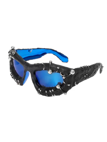 Design Punk-Studded Distorted Frame Blue Mirror Sunglasses - 1