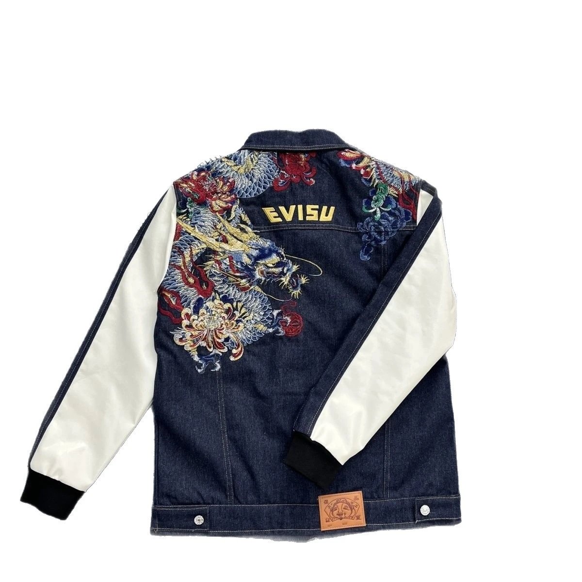 Evisu Dragon Embroidery Denim Jacket with Contrast Sleeves - 6
