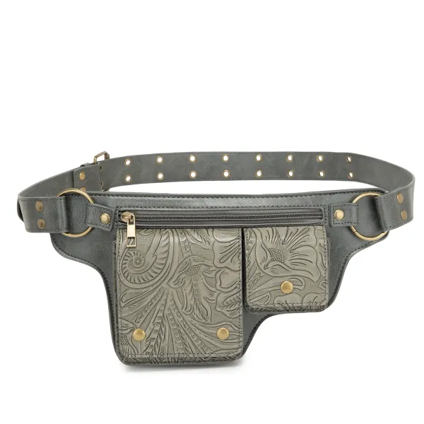 Design Embossed Floral Gray Leather Belt Bag - 1