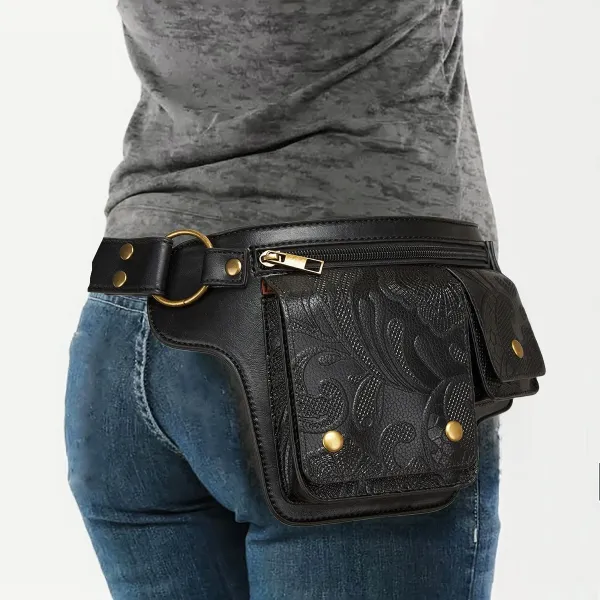 Design Embossed Floral Gray Leather Belt Bag - 45