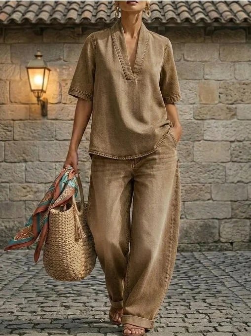 Design Linen V-Neck Shirt and Wide-Leg Pants Set Black - 11
