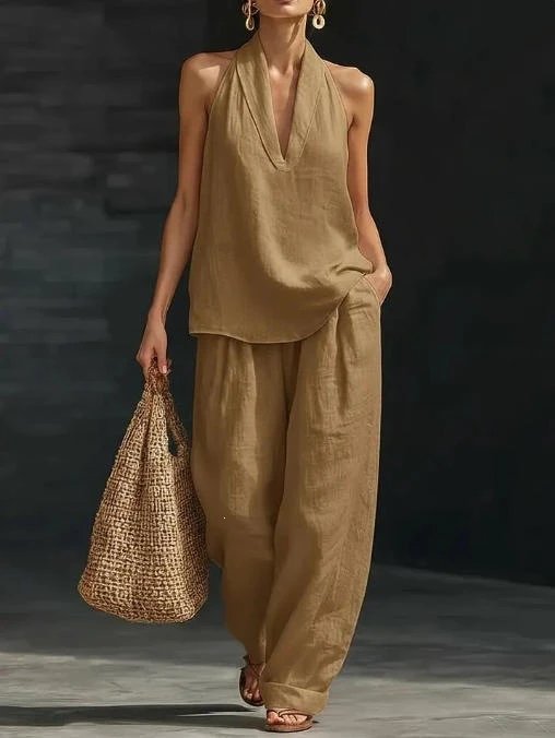 Design Halter Neck Linen Set Pink - 13