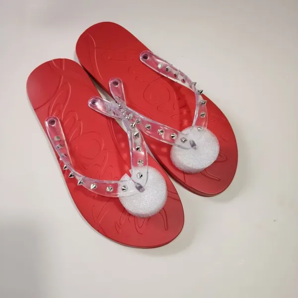 Design Studded Clear Strap Red Flip-Flops Slippers - 1