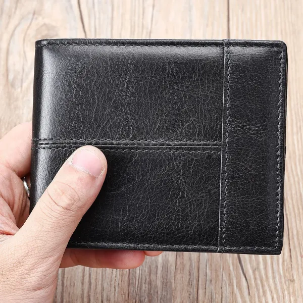 Design Classic Bifold Black Leather Wallet Short Wallet - 1