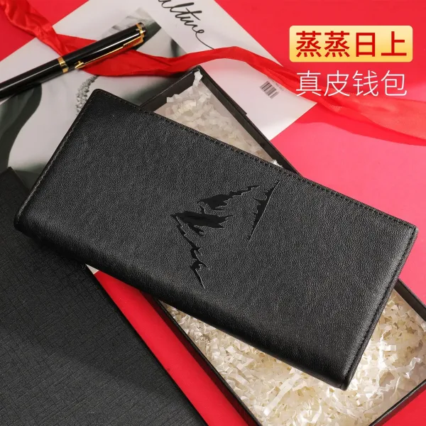 Design Mountain Embossed Black Leather Long Wallet - 1
