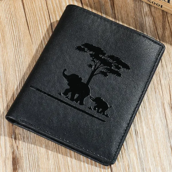 Design Elephant Silhouette Embossed Black Leather Short Wallet - 1
