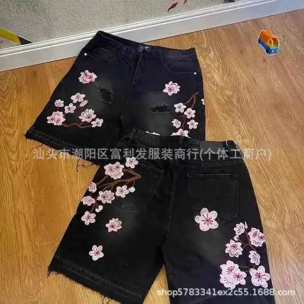 Design Embroidered Cherry Blossom Denim Shorts Multicolor - 6