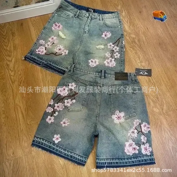Design Embroidered Cherry Blossom Denim Shorts Multicolor - 1