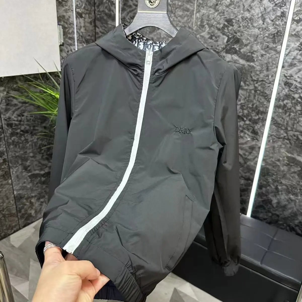 Dior Oblique Print Hooded Windbreaker Black and White Outerwear - 5