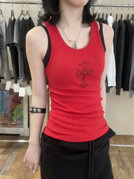 Chrome Hearts Cross Print Layered Tank Top Gray / Red Vest Top - 13