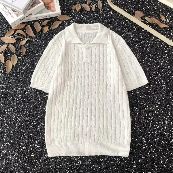 Design Cable Knit Polo Dress White - 1