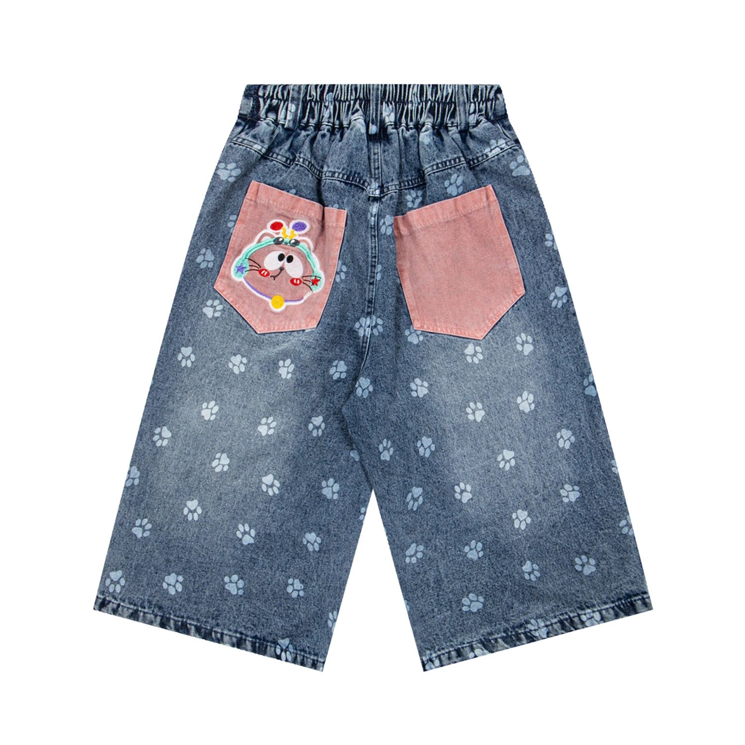 Design Kib Denim Shorts with Embroidered Cats and Paw Prints Multicolor Jeans Shorts - 7