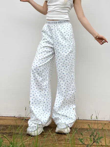 Design Floral Print Wide-Leg Pajama Pants White Sleepwear - 34