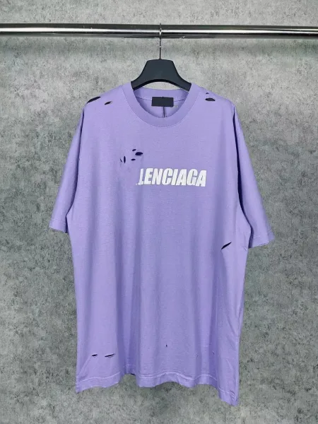Balenciaga Distressed Logo T-Shirt Purple - 1