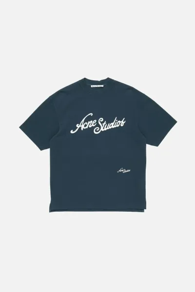 Acne Studios Script Logo T-Shirt Navy - 1