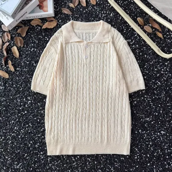 Design Knit Polo Dress Beige Cable-Knit Sweater Dress - 1