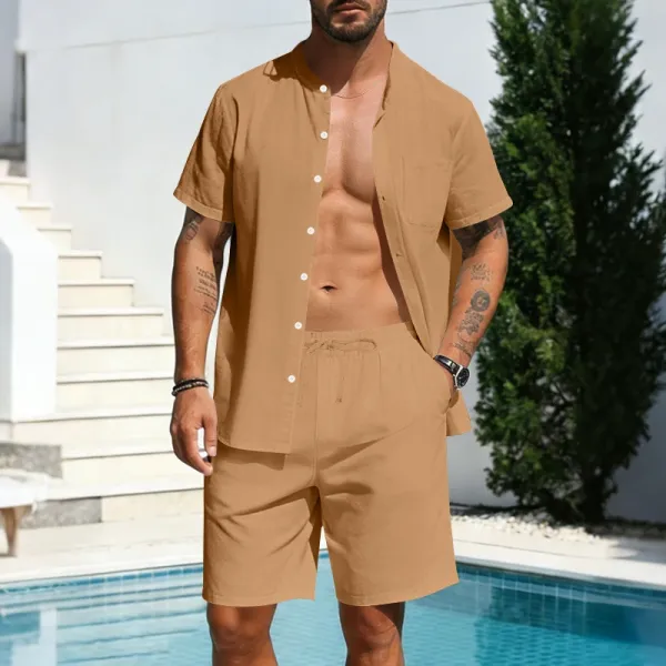 Design Linen-Blend Shirt and Shorts Set Beige Casual Set - 1