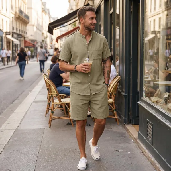 Design Olive Green Button-Front Shirt and Drawstring Shorts Set - 9