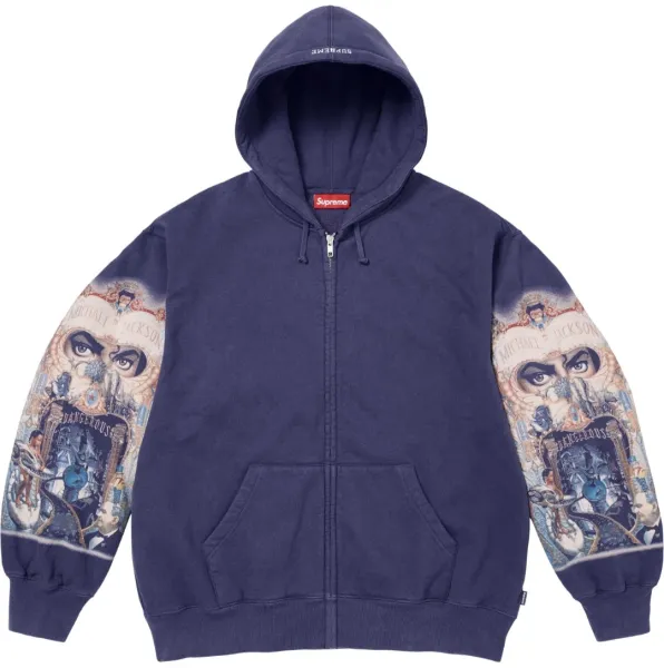 Supreme Michael Jackson Dangerous Sleeve Print Zip-Up Hoodie Navy - 1
