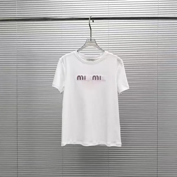 Miu Miu Logo-Embroidered White T-Shirt - 1