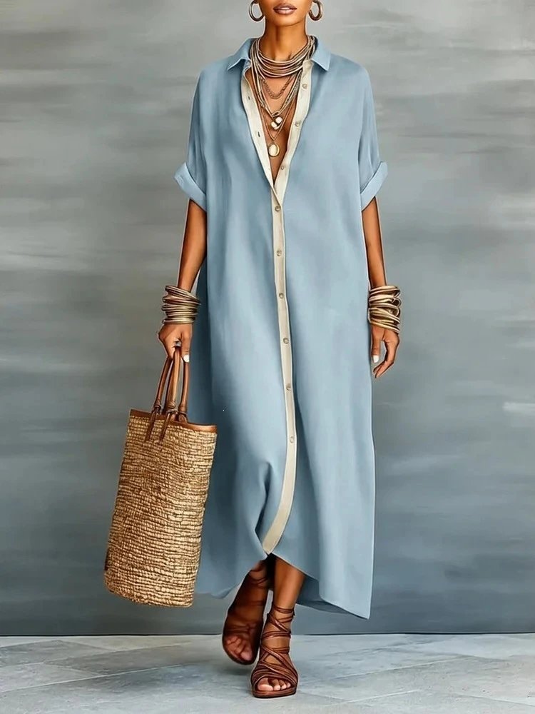 Design Shirt Dress in Sky Blue with Contrast Placket - 7