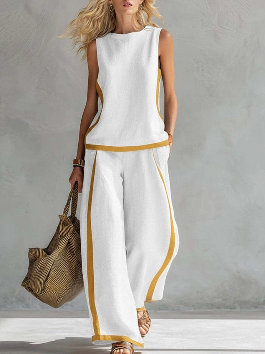 Design Two-Tone Linen Set in Sky Blue with Mustard Trim Pants and Top - 9