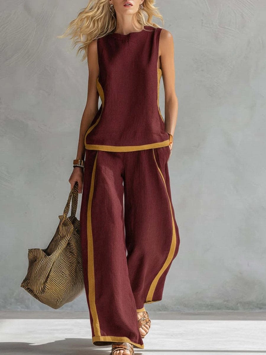 Design Two-Tone Linen Set in Sky Blue with Mustard Trim Pants and Top - 6
