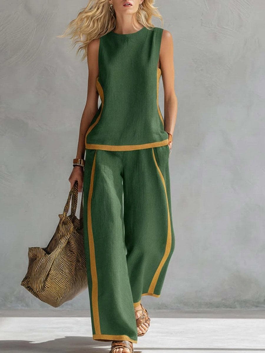 Design Two-Tone Linen Set in Sky Blue with Mustard Trim Pants and Top - 7