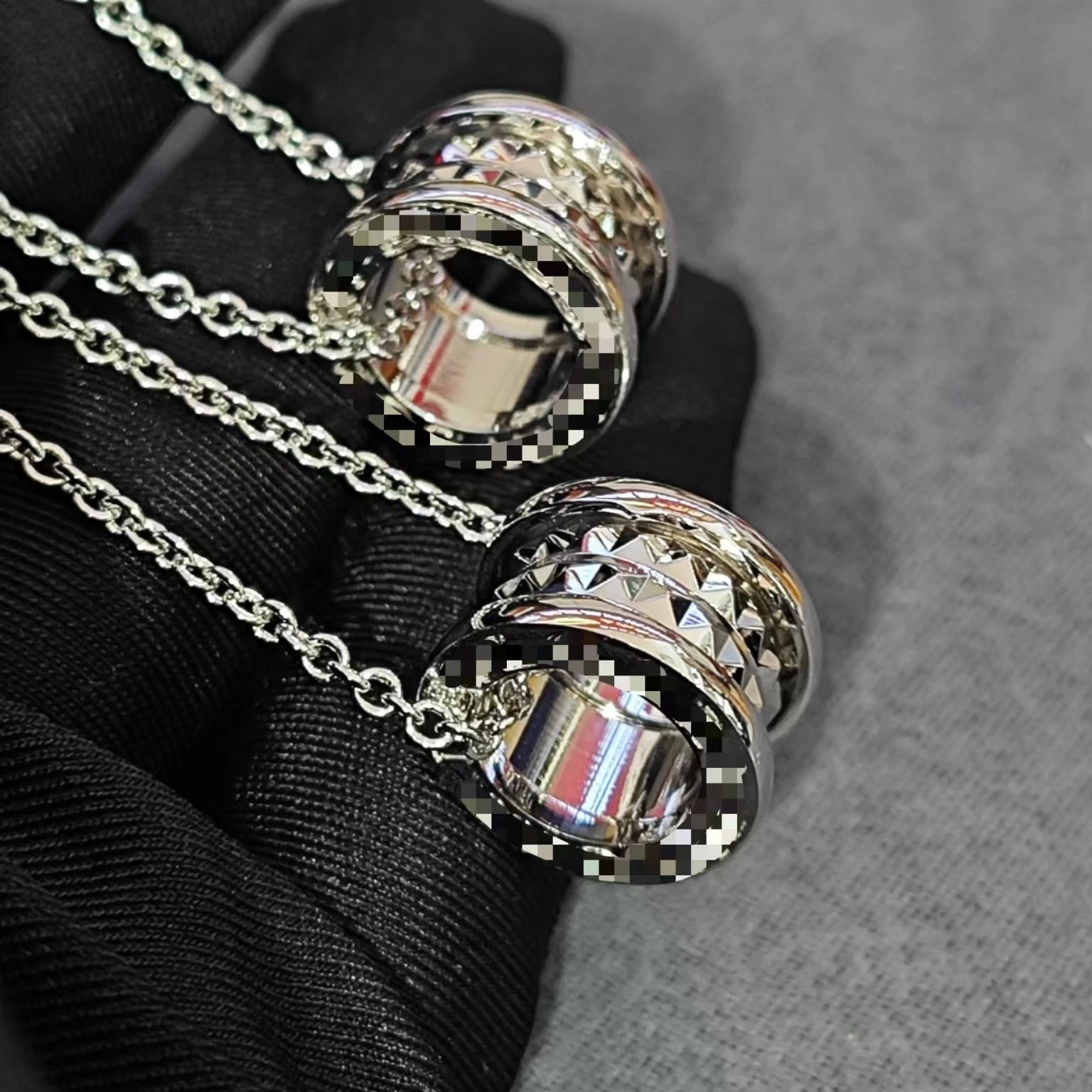 Design Stacking Ring Pendant Necklace with Black Onyx and Pave Diamonds on Gold Chain Jewelry - 8