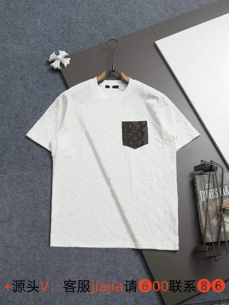 Louis Vuitton Monogram Embossed White T-Shirt with Brown Monogram Pocket - 1