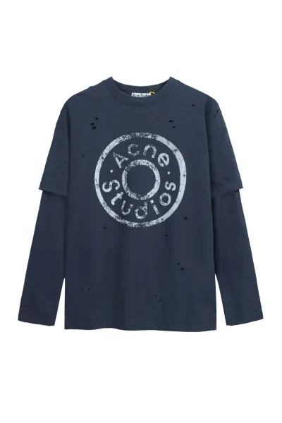 Acne Studios Distressed Logo Long-Sleeve T-Shirt Navy - 1