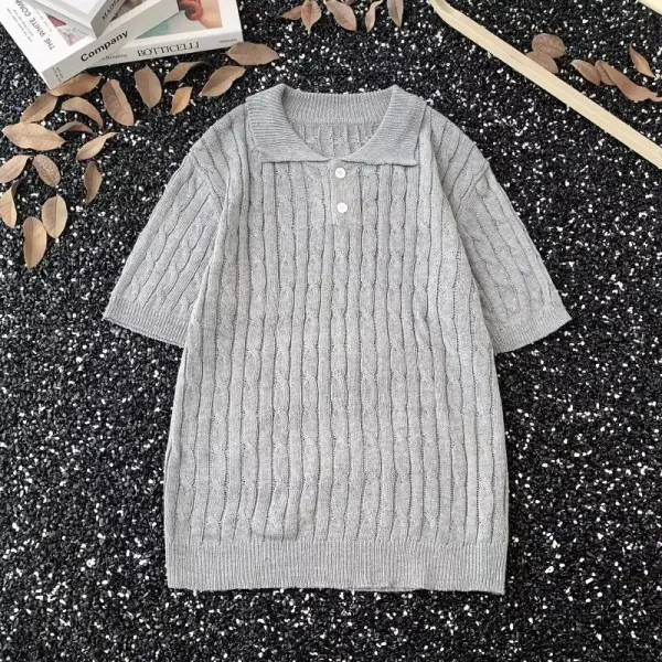 Design Knit Polo Dress Gray Cable Knit Sweater Dress - 1