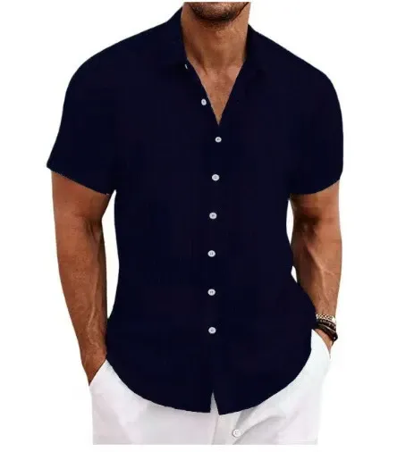 Design Short-Sleeve Button-Down Shirt Navy Tops Shirt - 1