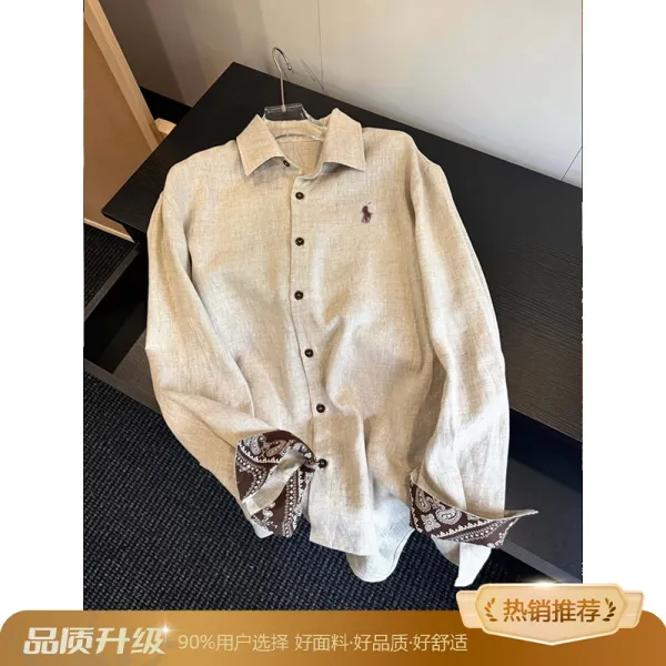 Polo Ralph Lauren Linen Shirt Beige with Bandana Cuff Detail Shirt - 1