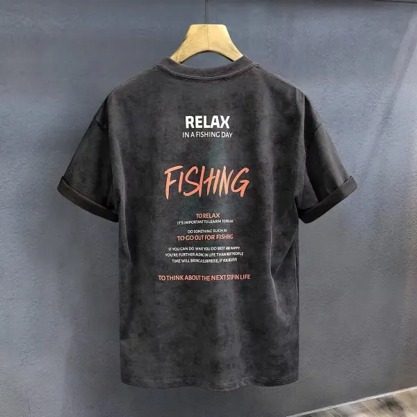 Design Fishing Day Graphic Print Washed Black T-Shirt - 1