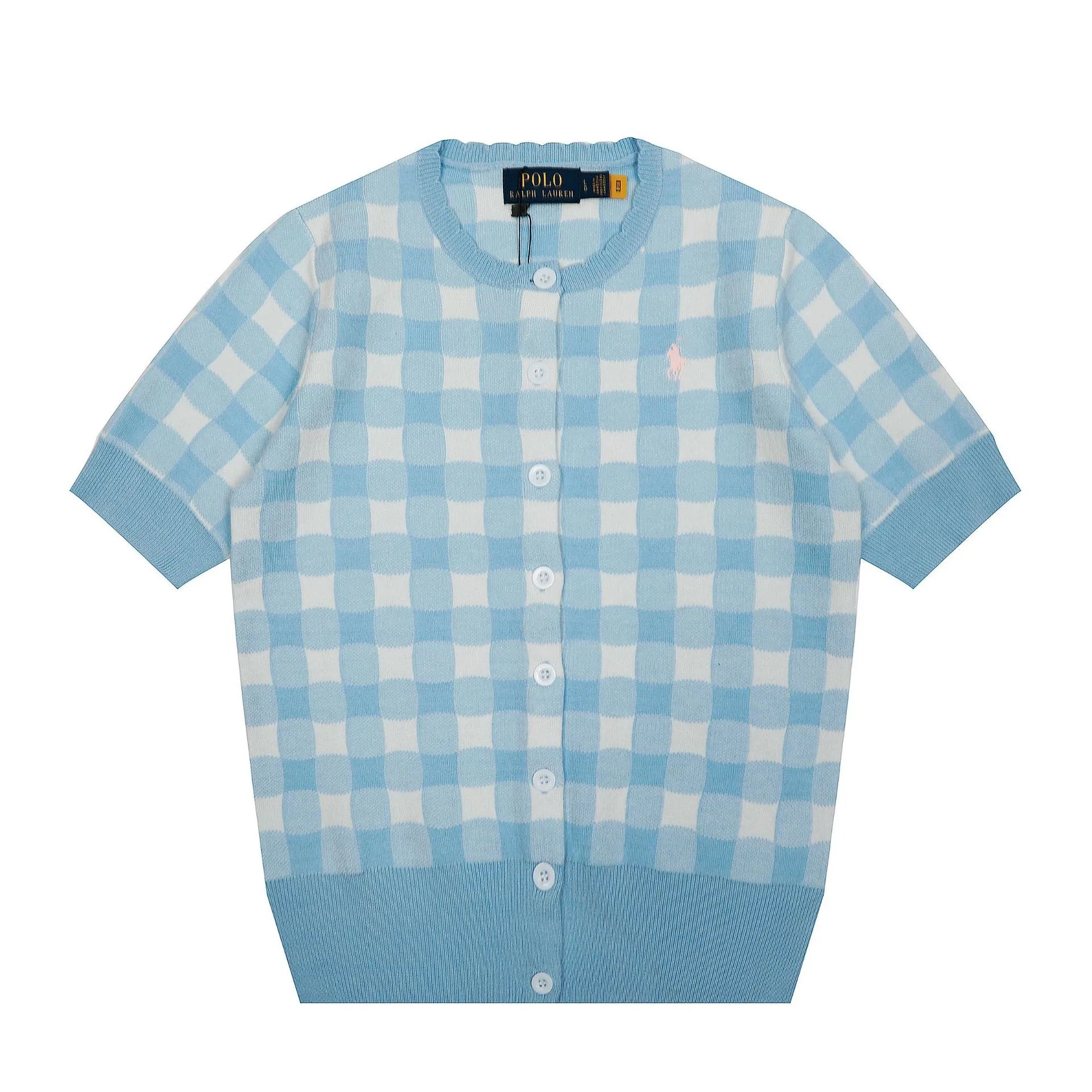 Polo Ralph Lauren Gingham Knit Short-Sleeve Sweater Light Blue - 6