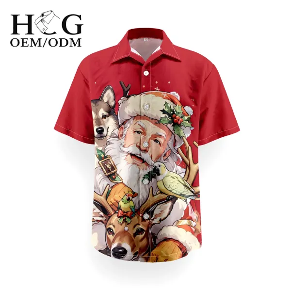 Design H&G Christmas Santa Print Red Short-Sleeve Button-Up Shirt - 1