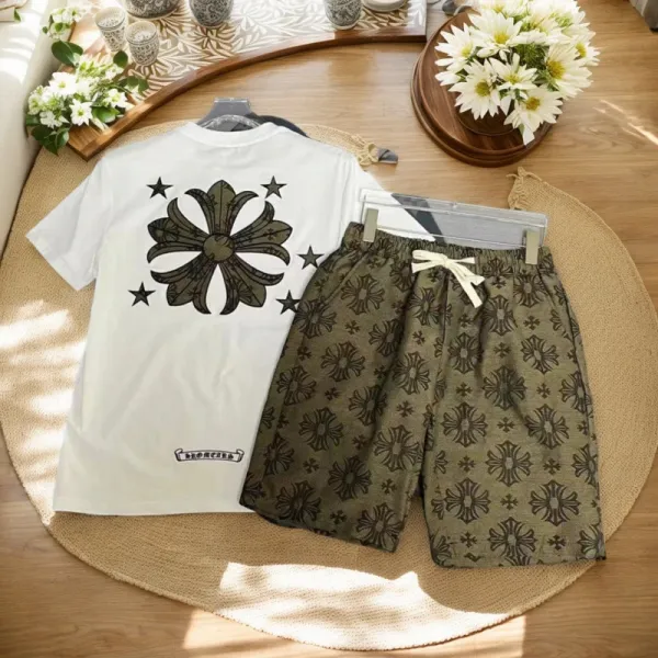 Chrome Hearts Floral Star Print T-Shirt and Patterned Shorts Set White Olive Green - 1