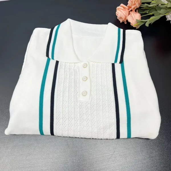 Design Knit Polo Dress with Vertical Stripes and Ruffle Hem White - 17