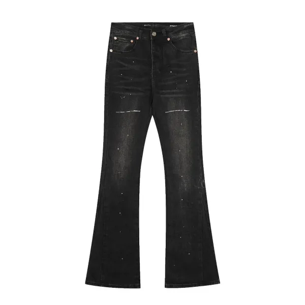 Design Abstract Paint Splatter Washed Denim Jeans - 11