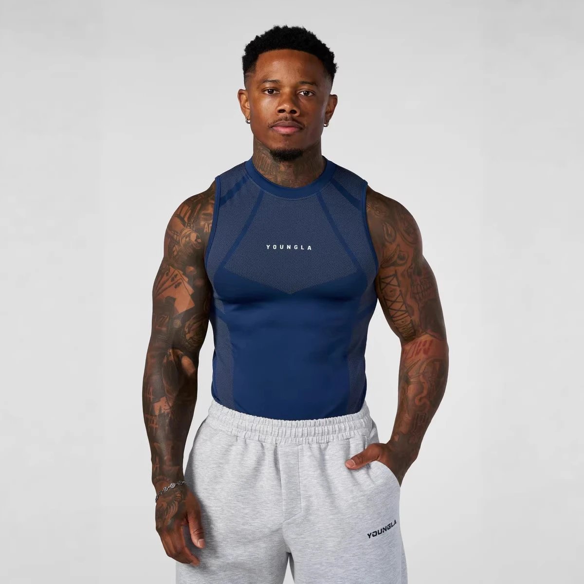 Design Youngla Performance Mesh Vest Top and Sweatpants Set Black Activewear - 11