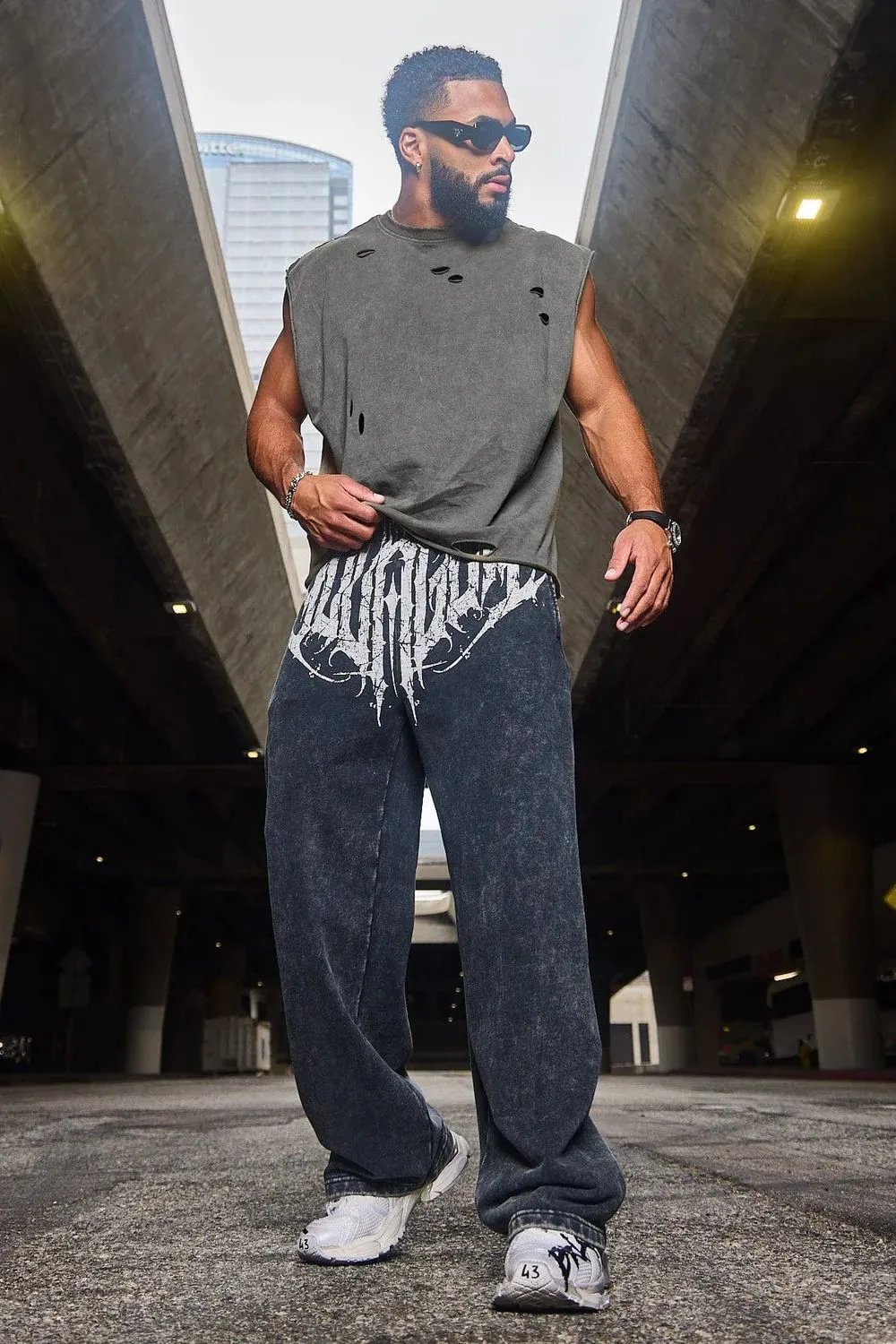 Design Graphic Print Baggy Pants Black - 6