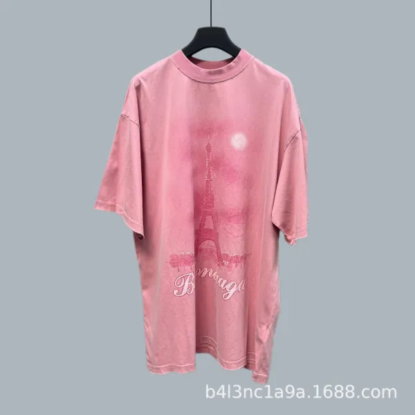 Balenciaga Eiffel Tower Print Pink Oversized T-Shirt - 1