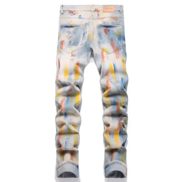 Design Abstract Paint Splatter Washed Denim Jeans - 50