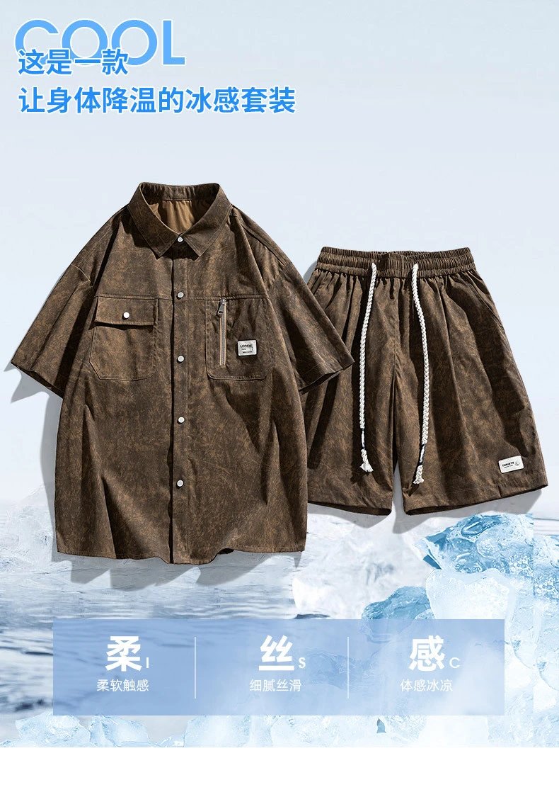 Design Washed Linen-Blend Shirt and Drawstring Shorts Set Gray - 3