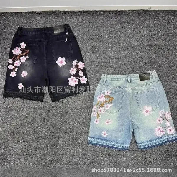 Design Embroidered Cherry Blossom Denim Shorts Multicolor - 5