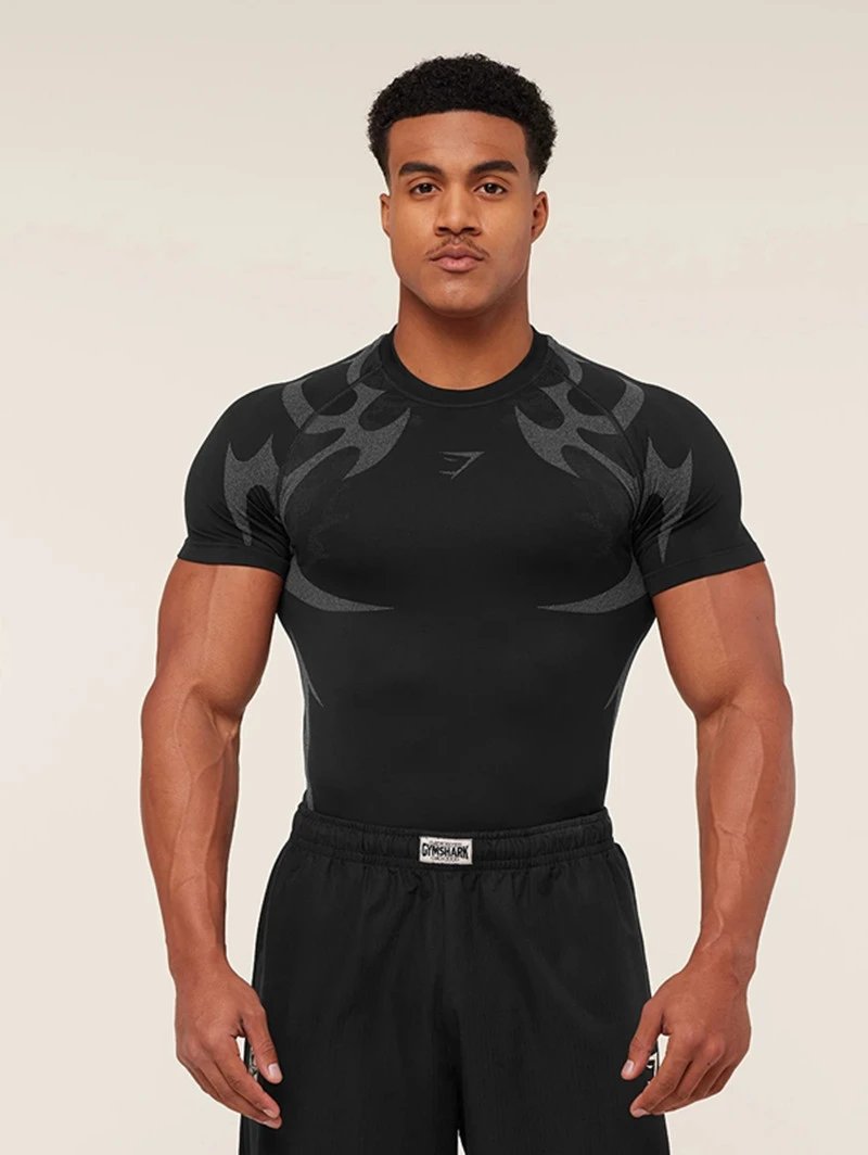 Gymshark Flame Print Compression T-Shirt Black Base Layer - 13